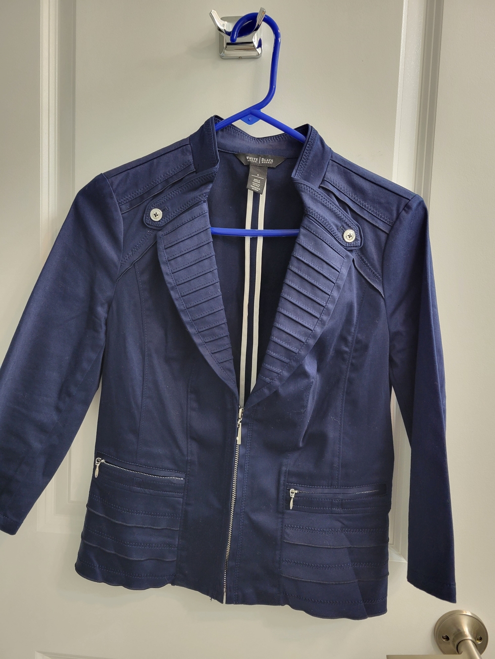 White House Black Market Blazer Jacket Women’s Size 4 Navy 3/4 Sleeves Zipper